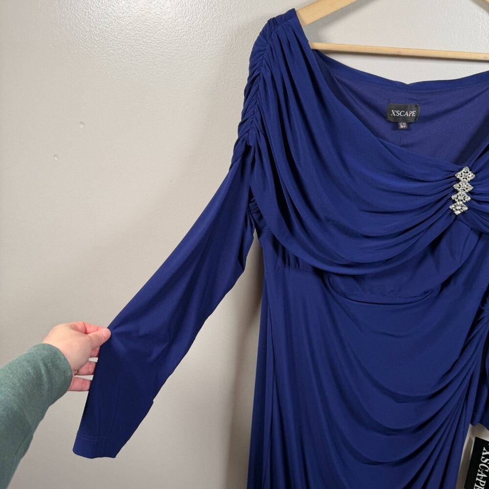 Xscape Formal Dress Gown Size 18W Blue Draped Off the Shoulder Wedding Event - Picture 7 of 12